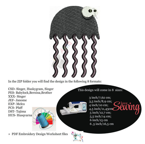 Jellyfish Machine Embroidery,medusa embroidery, machine embroidery, machine patterns,8 sizes design, INSTANT DOWNLOAD