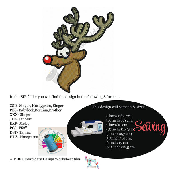 Reindeer Face Embroidery Machine, Christmas , Winter, embroidery design, filled stitch,machine patterns,8 sizes design, INSTANT DOWNLOAD