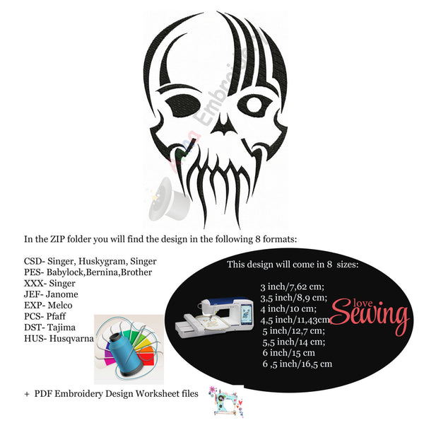 Skull Machine Embroidery Pattern,Filled stitch,skeleton embroidery, machine embroidery patterns,8 sizes design,INSTANT DOWNLOAD