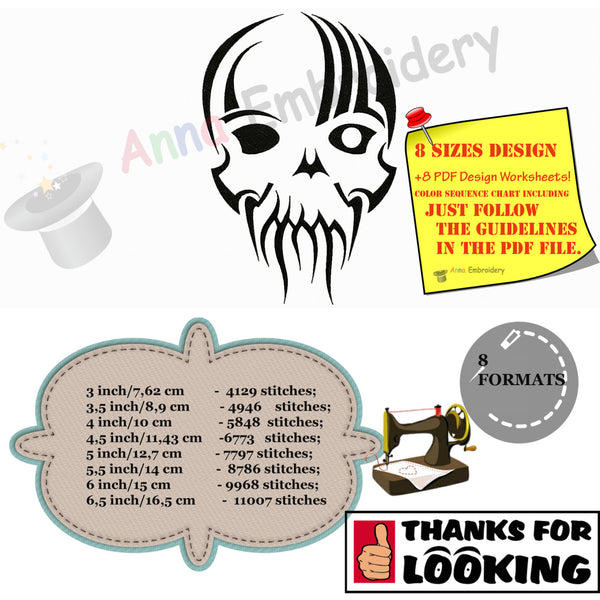 Skull Machine Embroidery Pattern,Filled stitch,skeleton embroidery, machine embroidery patterns,8 sizes design,INSTANT DOWNLOAD