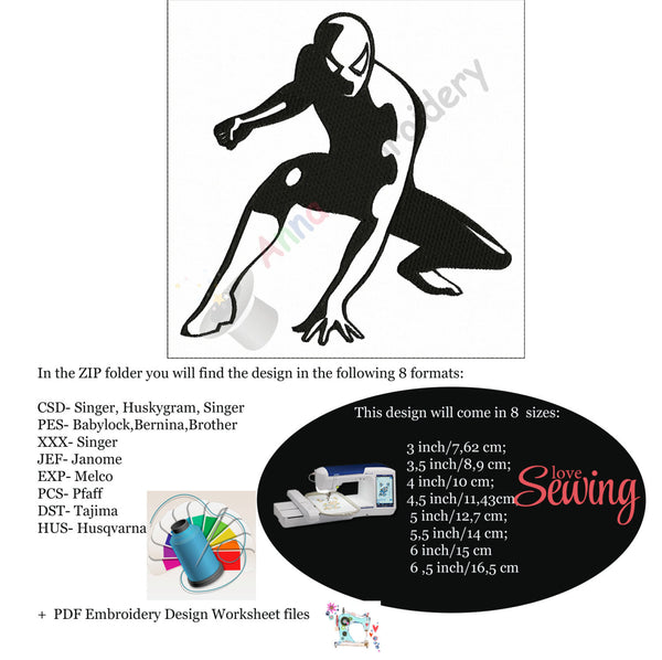 Black silhouette machine embroidery,superhero design, machine patterns,8 sizes design, 8 formats