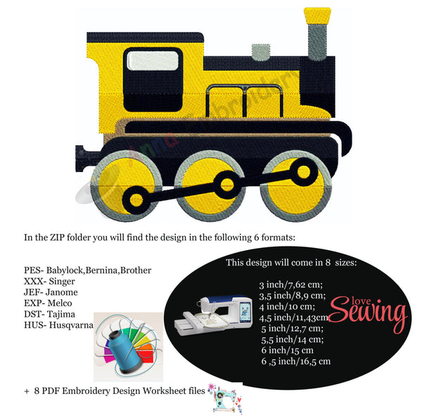 Train Machine Embroidery Design, Train Design, Train Embroidery, filled stitch,machine patterns,8 sizes design, 6 formats