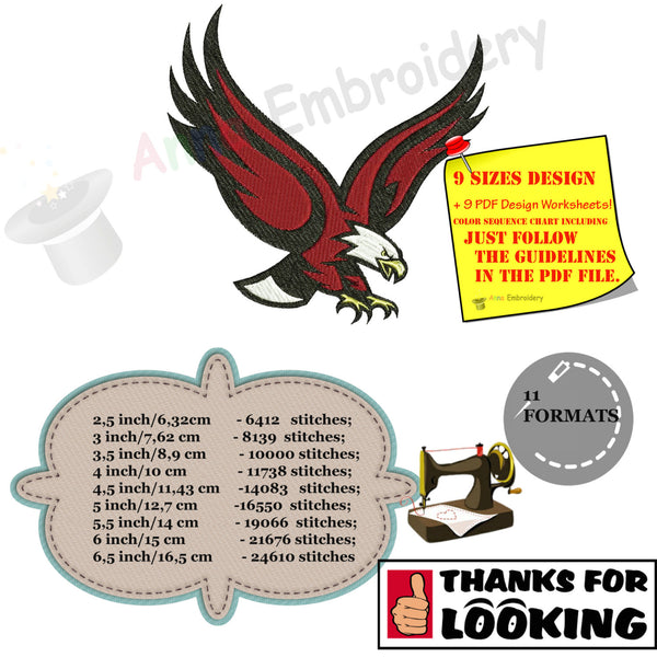 Eagle Machine Embroidery Design,Sport embroidery,wild,filled stitch,machine patterns,8 formats,10 SIZES,INSTANT DOWNLOAD