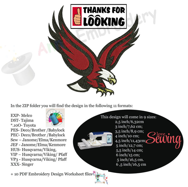Eagle Machine Embroidery Design,Sport embroidery,wild,filled stitch,machine patterns,8 formats,10 SIZES,INSTANT DOWNLOAD