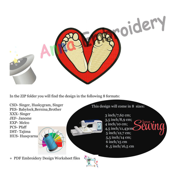 Baby feet embroidery design, baby feet machine embroidery, baby feet heart design,Newborn embroidery design,8 sizes design,INSTANT DOWNLOAD