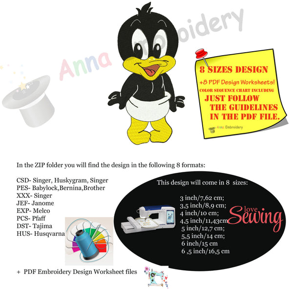 Embroidery design duck, cartoon donald duck, embroidery baby duck, machine embroidery, machine patterns,8 sizes design, INSTANT DOWNLOAD