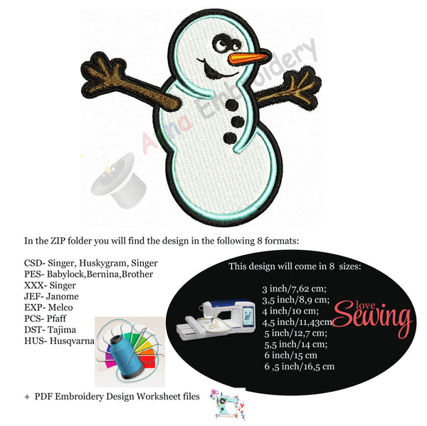 Christmas Snowman Machine Embroidery,Winter snowman, machine embroidery, machine patterns,8 sizes design, INSTANT DOWNLOAD