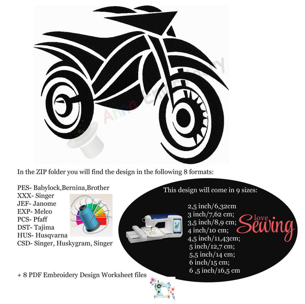 Motorbike Bike machine embroidery pattern,embroidery design, filled stitch,machine patterns,9 sizes design,8 formats