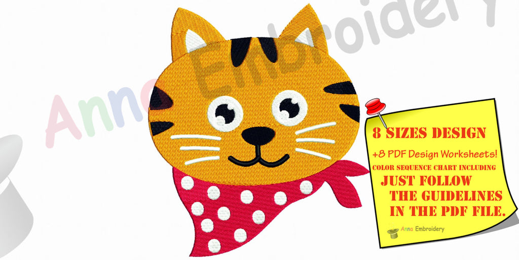 Cat embroidery, Machine embroidery design,scarf cat,funny cat,kitty embroidery, animal embroidery, 8 sizes design, INSTANT DOWNLOAD