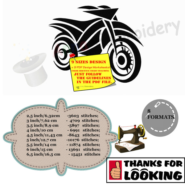 Motorbike Bike machine embroidery pattern,embroidery design, filled stitch,machine patterns,9 sizes design,8 formats