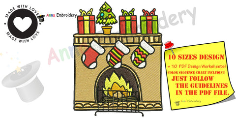 Chistmas fireplace embroidery design,christmas decorations, machine patterns,filled stitch,patterns,10 sizes, 8 formats,INSTANT DOWNLOAD