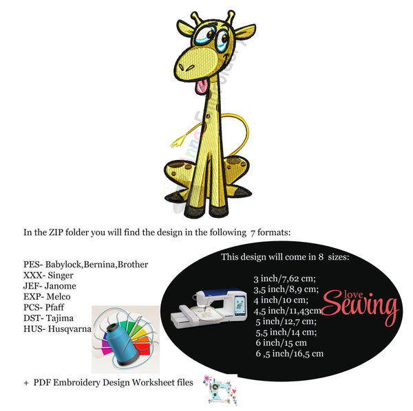 Giraffe Machine Embroidery Design, Giraffe Design, Giraffe Embroidery Design, Safari Animal, Filled stitch,8 sizes design,8 formats