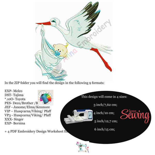 Stork carrying baby Maternity Pregnancy Machine embroidery applique design,Embroidery Kids Baby,filled stitch,INSTANT DOWNLOAD,4x4 5x7 6x10