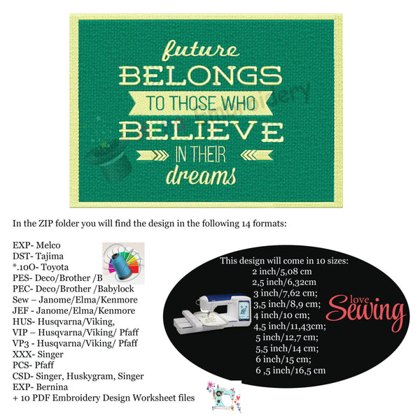Believe in your dreams Quote Machine Embroidery  Design,word art embroidery,filled stitch,machine patterns,8 sizes design,INSTANT DOWNLOAD