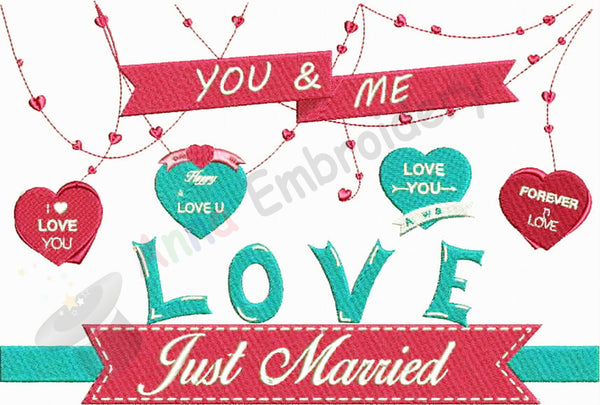 Just Married machine embroidery design,wedding embroidery,anniversary design,filled stitch,machine patterns,8 sizes design, INSTANT DOWNLOAD