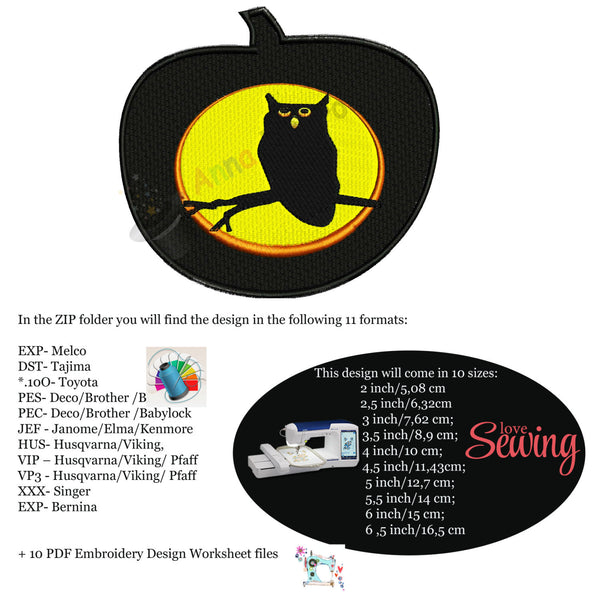 Halloween pumpkin,owl mbroidery Design,machine patterns,punpkin embroidery,filled stitch,patterns,10 sizes,11 formats,INSTANT DOWNLOAD