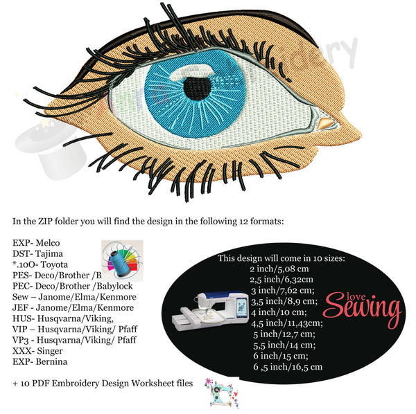 Blue eye machine embroidery design, realistic eye embroidery,eye with long lashes