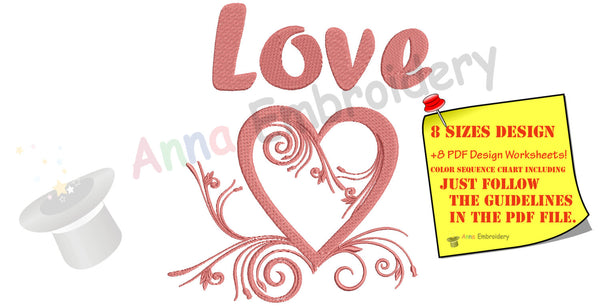 Valentine's Day LOVE Heart Machine Embroidery, FLOURISH heart design