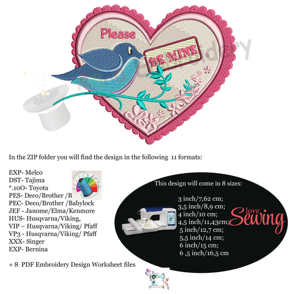 Valentine's Day Heart Machine Embroidery design-bird in a heart embroidery-instant download-pes