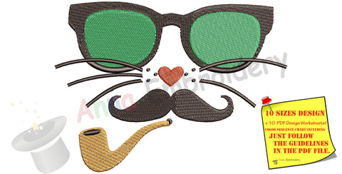 Cat with Glasses  Moustache Pipe Machine Embroidery Design- funny cat face-Instant Download