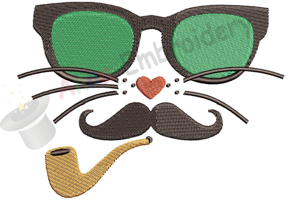 Cat with Glasses  Moustache Pipe Machine Embroidery Design- funny cat face-Instant Download