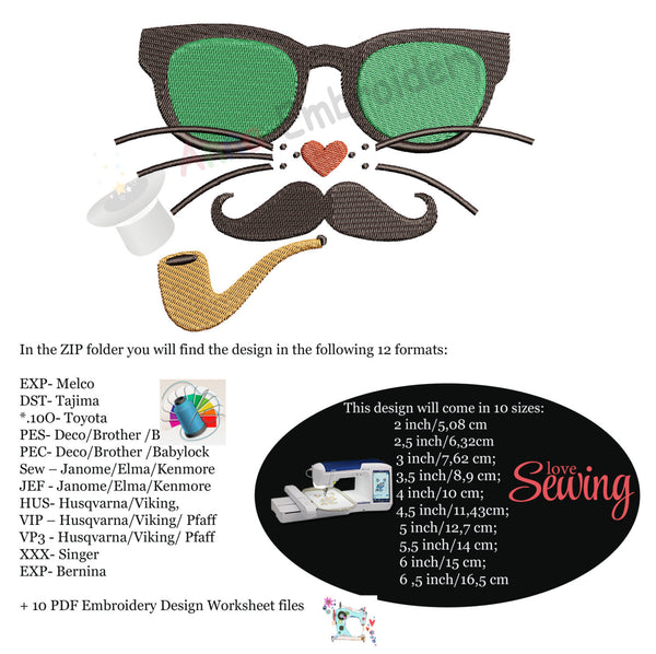 Cat with Glasses  Moustache Pipe Machine Embroidery Design- funny cat face-Instant Download