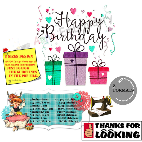 Happy Birthday Machine Embroidery Design,word art embroidery,filled stitch,machine patterns,8 sizes design, INSTANT DOWNLOAD