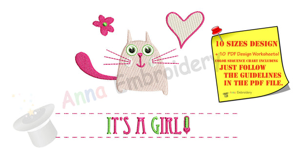 Baby Girl Machine Embroidery-Cute Kitty Design-Newborn Pattern-PES