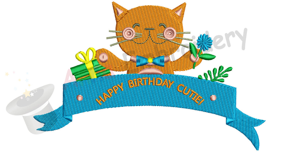 Happy BirthdayCutie Machine Embroidery Design-Sweet kitty pattern-1st Happy Birthday- INSTANT DOWNLOAD- pes