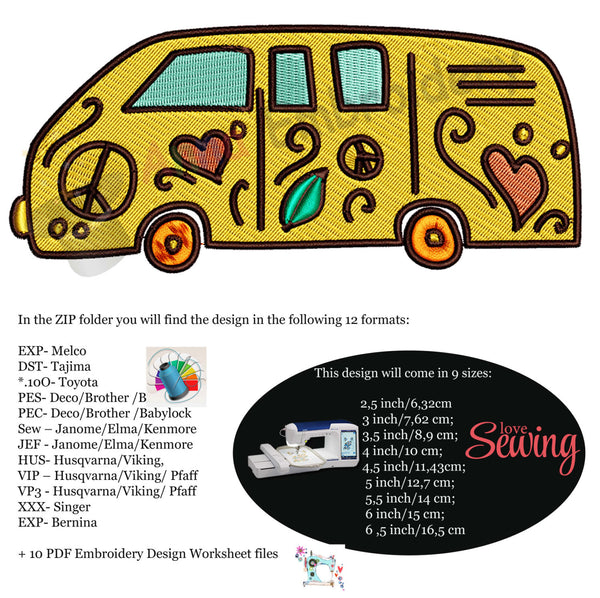 Hippie bus, Car beetle, Van/Camper- machine embroidery applique designs, 9 sizes, Instant Download,Pes