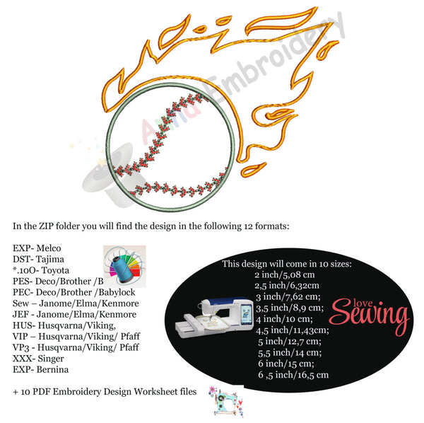 Baseball Embroidery Design, Fireball Embroidery,Sports Embroidery,Baseball, Ball Applique