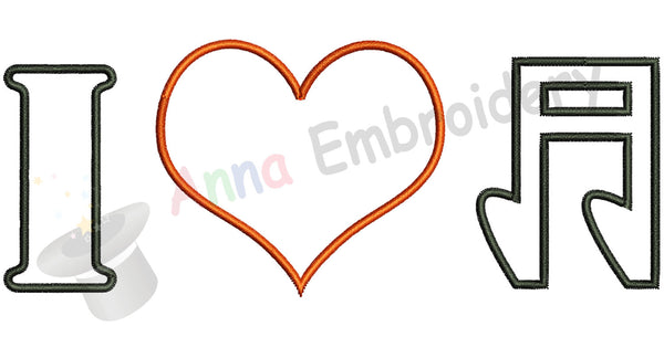 I Love Music Heart Embroidery Design