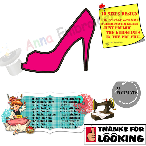Princess Shoe Applique Design,Princess Slipper Machine Embroidery Design, High Heel Shoe Silhouette Cinderella