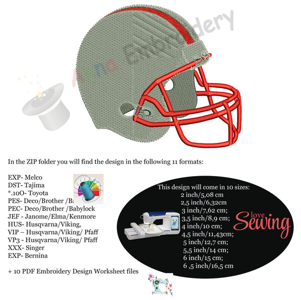 Football Helmet Sport Machine Embroidery Digitized Design Pattern- Instant Download - 4x4 , 5x7, and 6x10 hoops