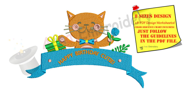 Happy BirthdayCutie Machine Embroidery Design-Sweet kitty pattern-1st Happy Birthday- INSTANT DOWNLOAD- pes