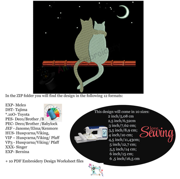 Cat Love Machine Embroidery Design-cats in love-Moon Stars- PES