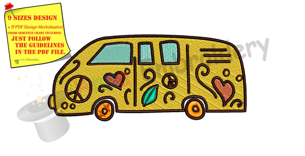 Hippie bus, Car beetle, Van/Camper- machine embroidery applique designs, 9 sizes, Instant Download,Pes