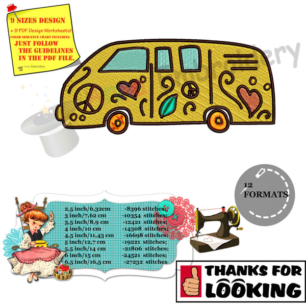 Hippie bus, Car beetle, Van/Camper- machine embroidery applique designs, 9 sizes, Instant Download,Pes