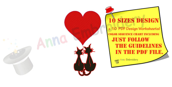 Cat Love Heart Embroidery Machine file, 10 sizes, PES