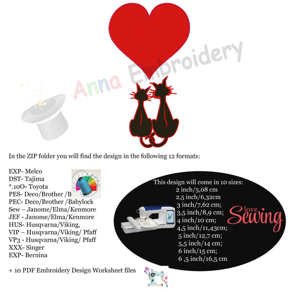 Cat Love Heart Embroidery Machine file, 10 sizes, PES