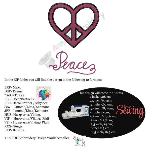 Heart Peace Sign Embroidery Design