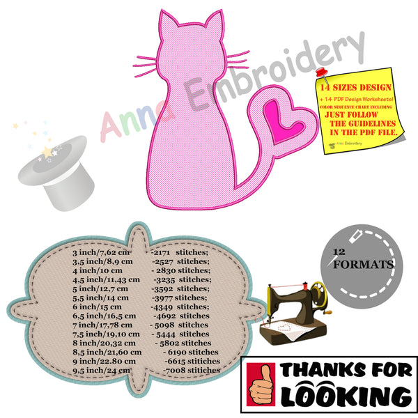 Cat Applique Design, Kitty Love Applique Design, Cat Silhouette Applique Design-Machine Applique Embroidery Patterns-Instant Download-PES