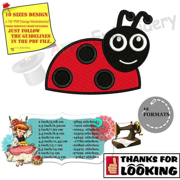 Cute Ladybug Machine Embroidery Design-bug-10 sizes-pes