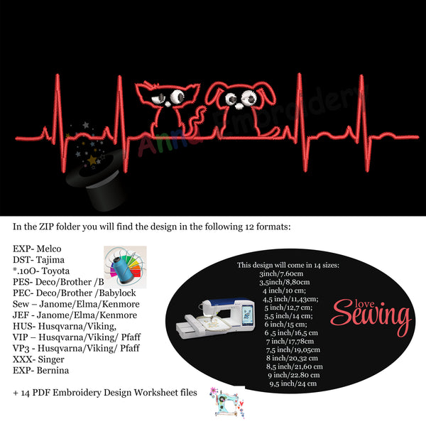 CAT and DOG Embroidery Design-Heartbeat Embroidery- cat dog ekg EMBROIDERY-Heartbeat-Lifeline-funny cat-funny dog-Embroidery Patterns-Instant Download