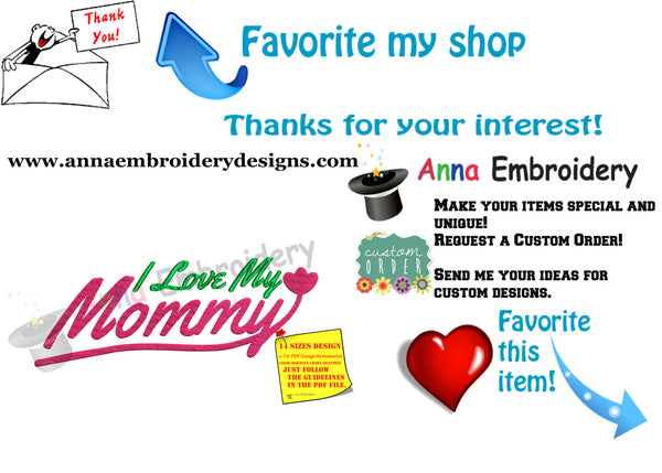 I Love my Mommy Embroidery Design- Mother's Day Embroidery-Love Mom Machine Embroidery Patterns-Instant Download-PES