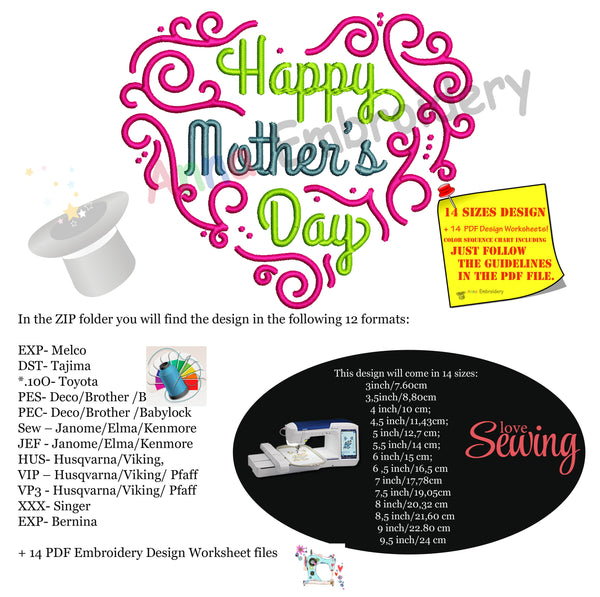 Happy Mother's Day Embroidery Design- Mom Embroidery-Heart Embroidery-Machine Embroidery Patterns-Instant Download-PES