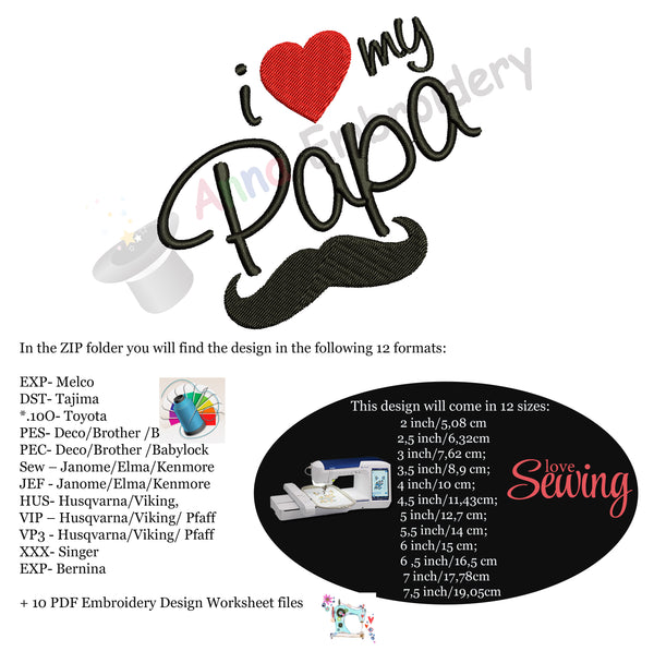 I love my Papa Embroidery Design-Love Dad- Father's Day Machine Embroidery Patterns-Instant Download