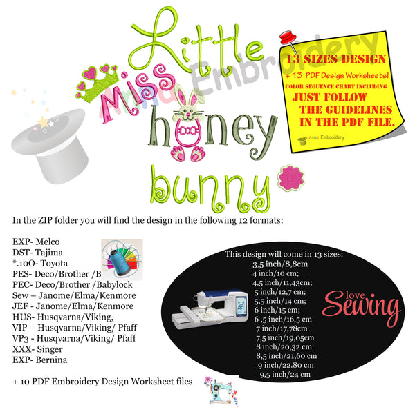 Easter Bunny Embroidery Design-Little Miss Honey Bunny Embroidery-Kids Embroidery- -Machine Embroidery Patterns-Instant Download-PES