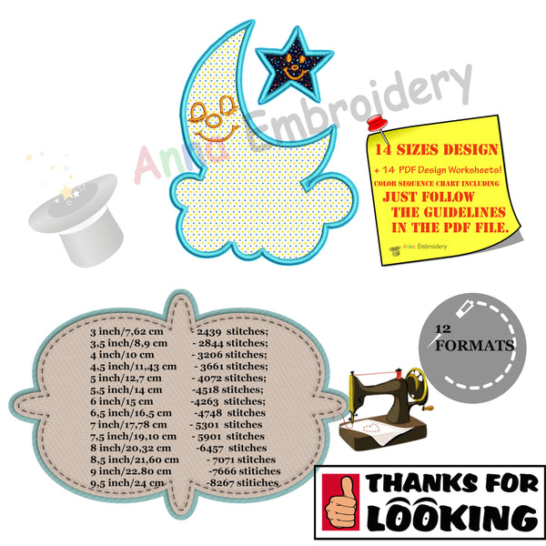 Moon Applique Design-Cloud Applique -Star Applique -Machine Applique Embroidery Patterns-Instant Download-PES