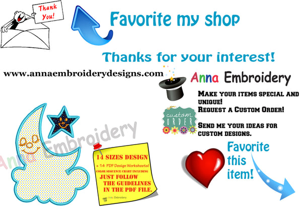 Moon Applique Design-Cloud Applique -Star Applique -Machine Applique Embroidery Patterns-Instant Download-PES